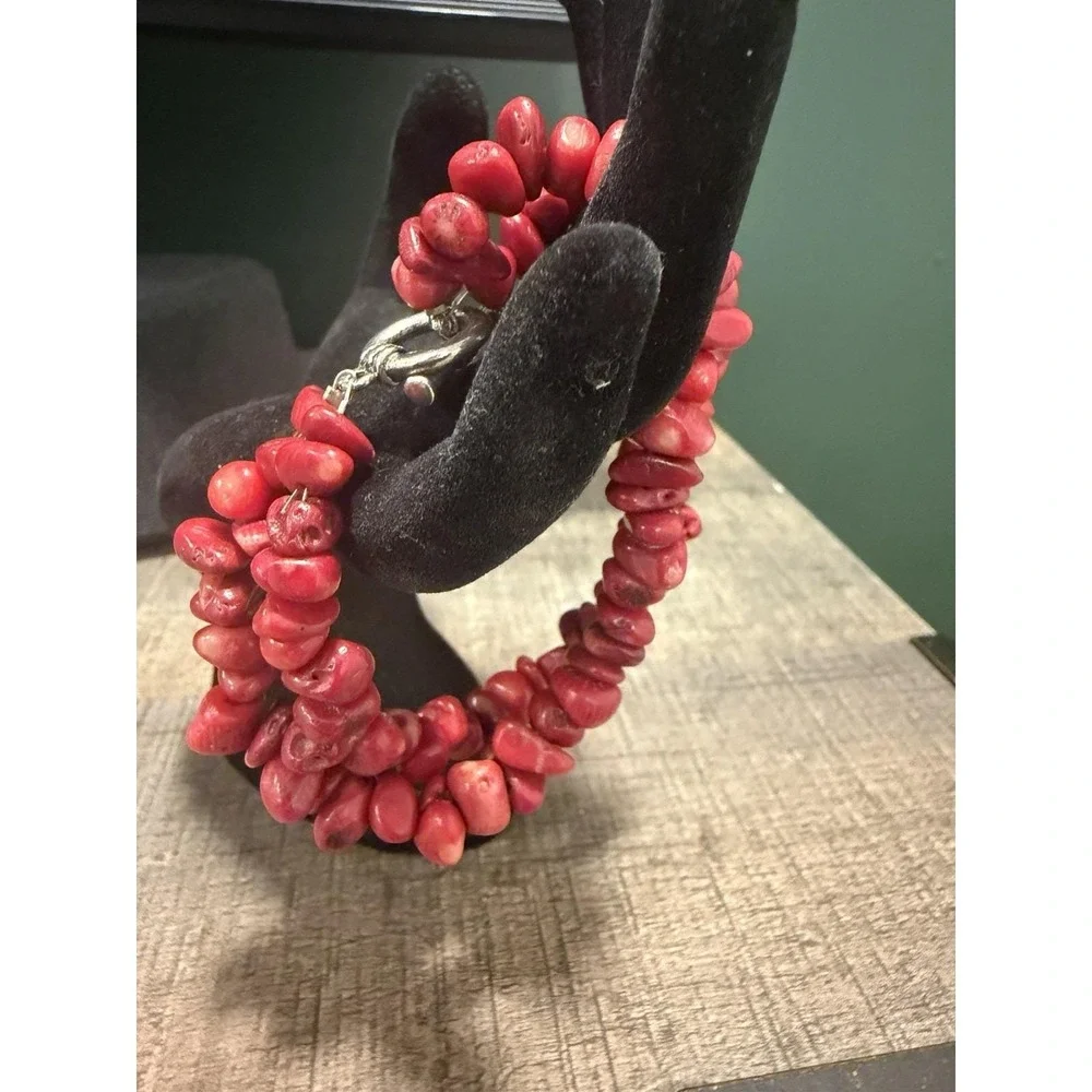 Red Coral Look Chip Bracelet 2 Strand Chunky Boho Statement Toggle Clasp